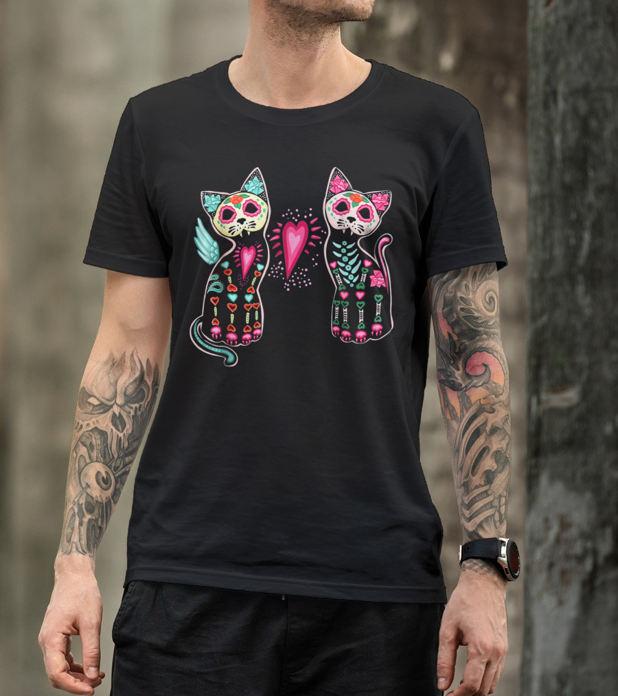 Day Of Dead Sugar Cats Skeleton Skull Winged Heart T-Shirt
