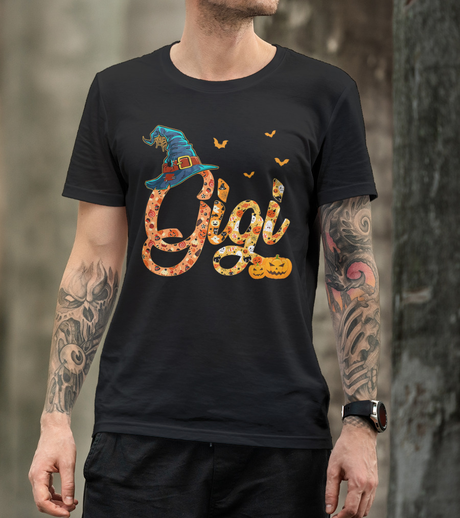 Gigi Funny Halloween Witch Hat Pumpkins Bats T-Shirt