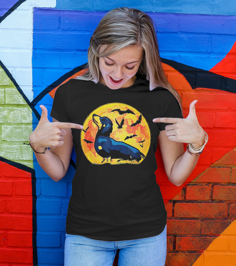 Dachshund Halloween Moon With Flying Bats T-Shirt