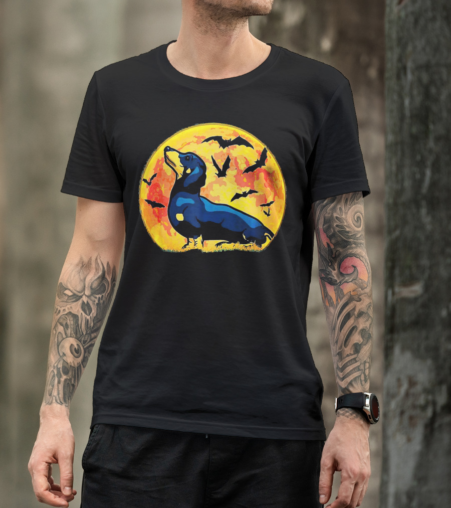 Dachshund Halloween Moon With Flying Bats T-Shirt