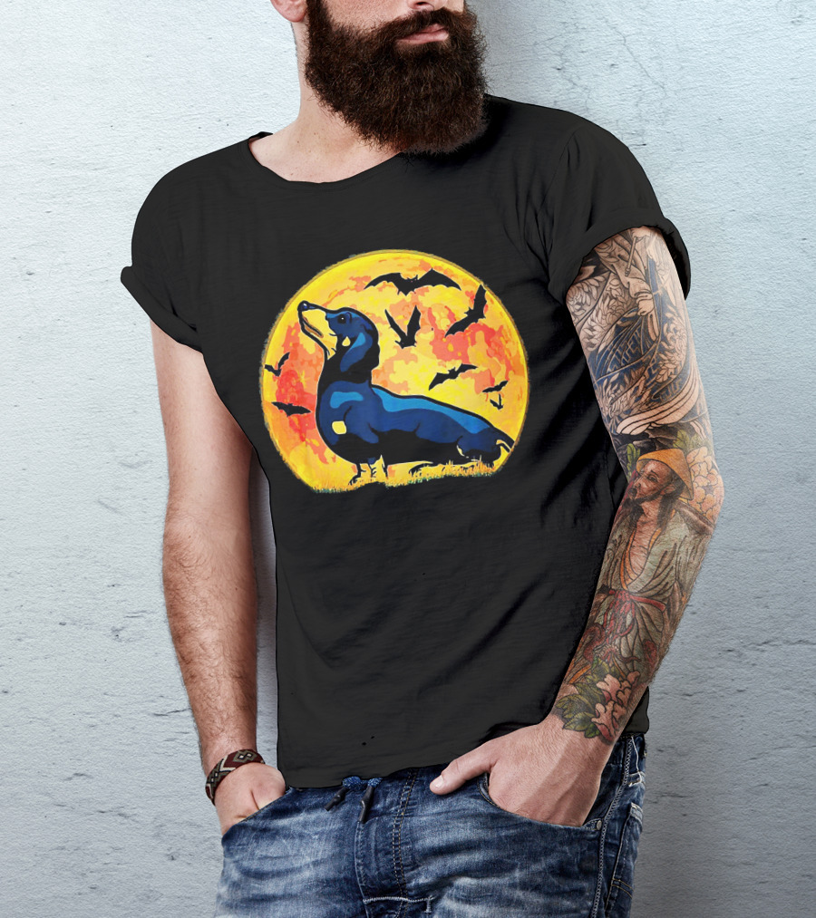 Dachshund Halloween Moon With Flying Bats T-Shirt