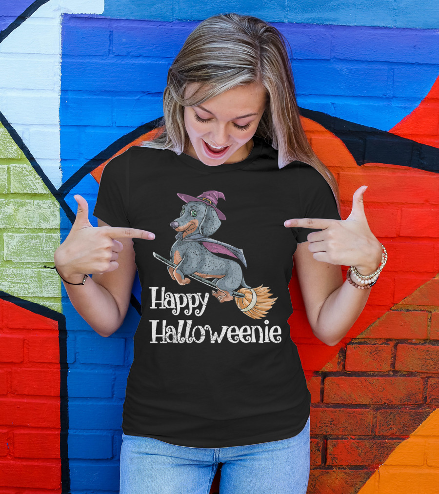 Happy Halloweenie Dachshund Witch Riding Broomstick T-Shirt