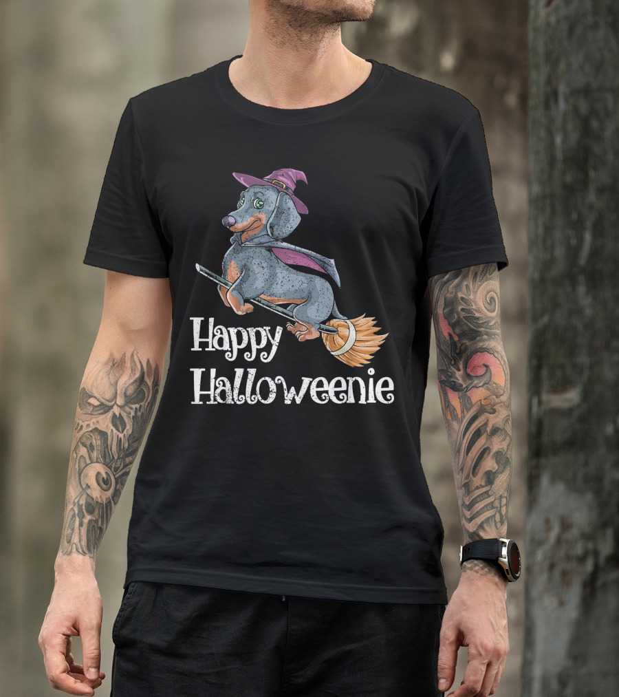 Happy Halloweenie Dachshund Witch Riding Broomstick T-Shirt