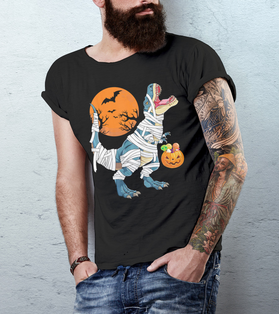 Halloween Dino Girls Kids Mummy Dinosaur Bats Pumpkin Moon T-Shirt
