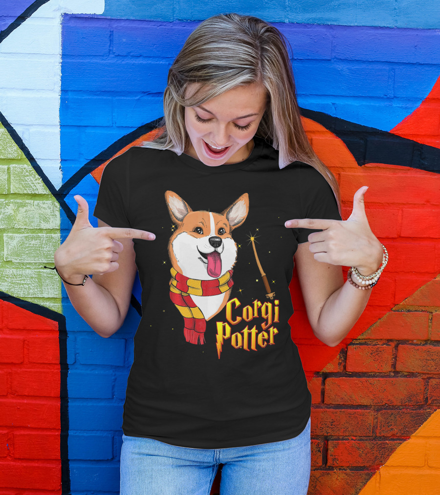 Corgi Potter Cute Harry Pawter Dog With Scarf And Wand T-Shirt