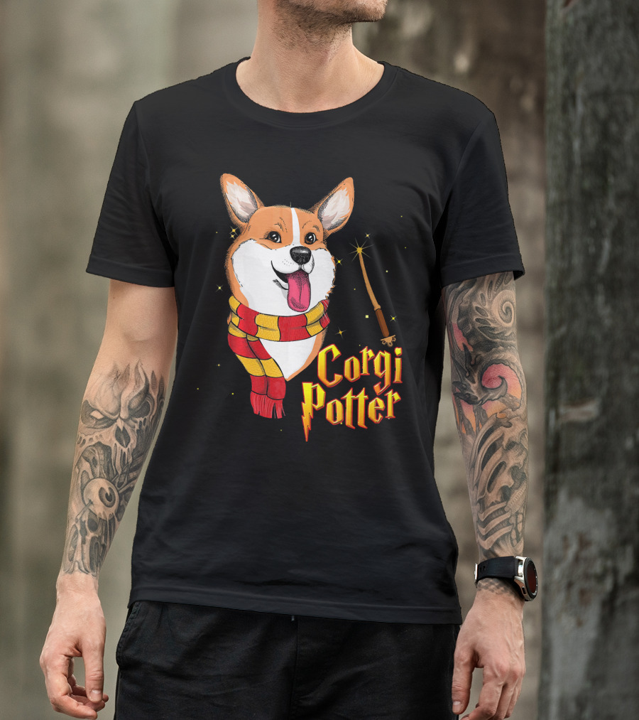 Corgi Potter Cute Harry Pawter Dog With Scarf And Wand T-Shirt
