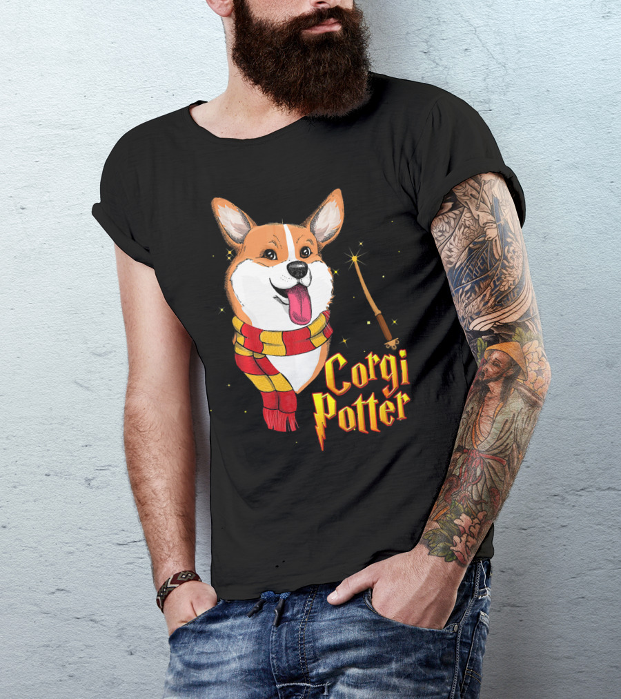 Corgi Potter Cute Harry Pawter Dog With Scarf And Wand T-Shirt