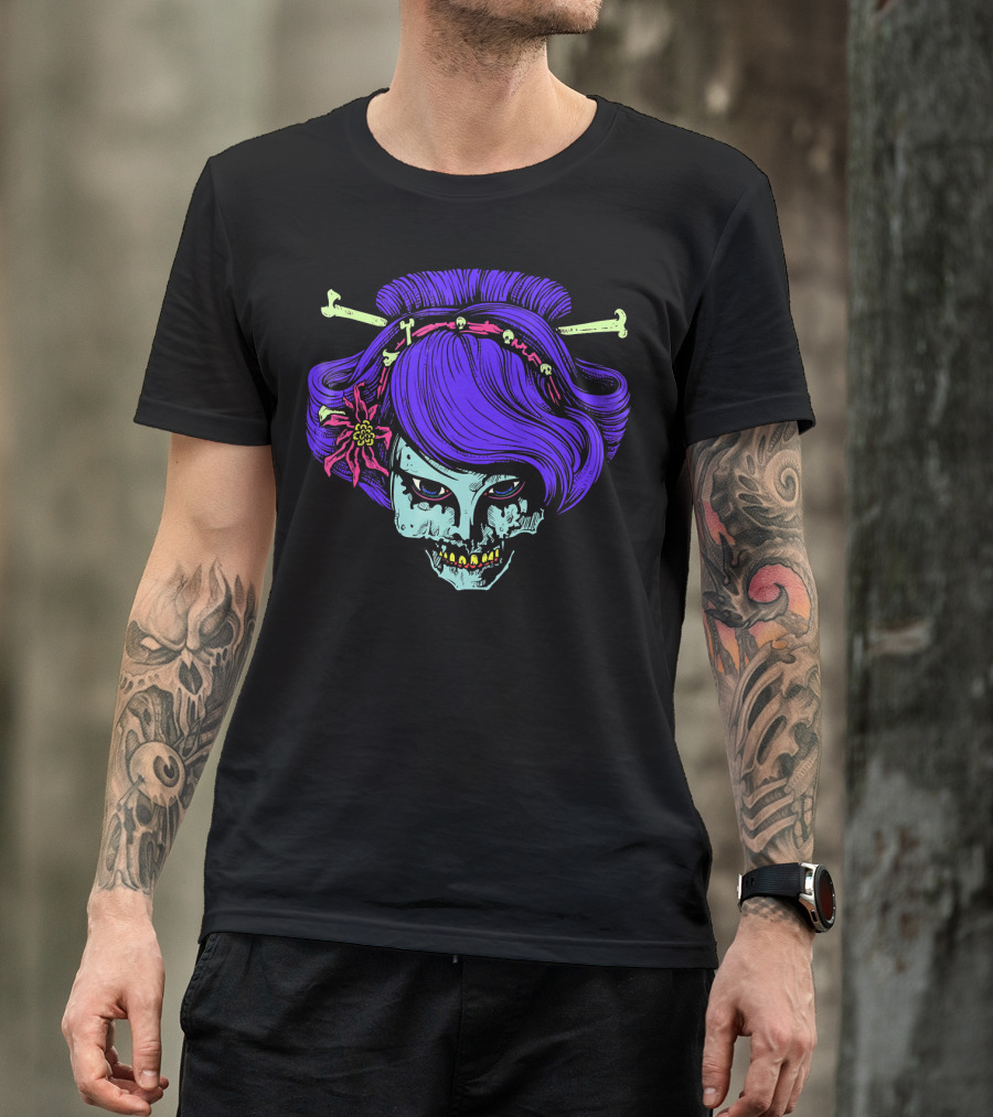 Zombie Geisha Skull With Purple Hair And Bone Hairpins T-Shirt