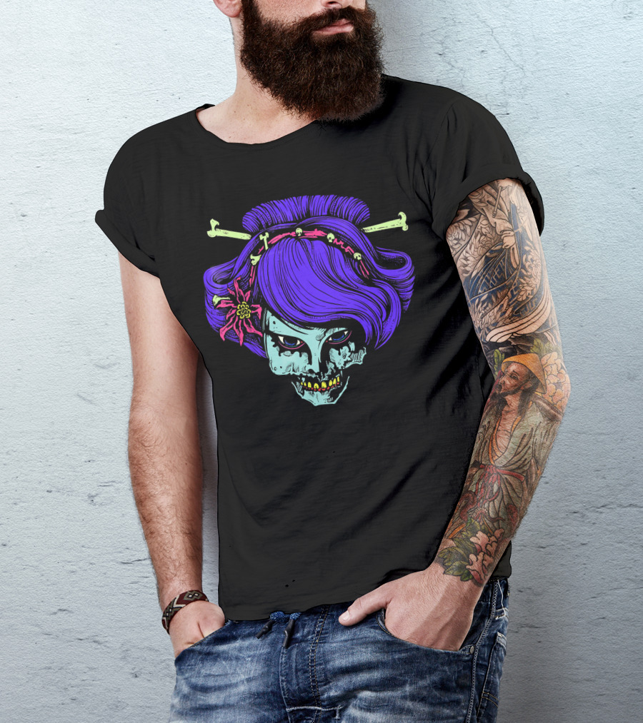 Zombie Geisha Skull With Purple Hair And Bone Hairpins T-Shirt