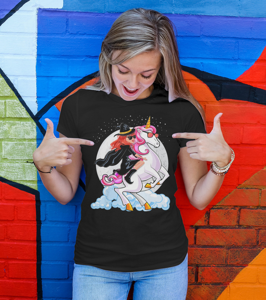 Halloween Witch Riding A Unicorn In Front Of Full Moon T-Shirt