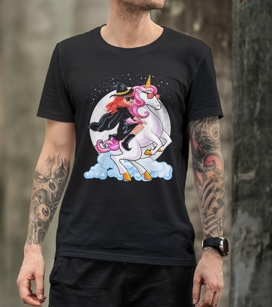Halloween Witch Riding A Unicorn In Front Of Full Moon T-Shirt