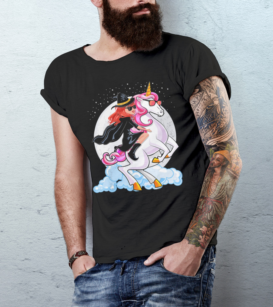 Halloween Witch Riding A Unicorn In Front Of Full Moon T-Shirt