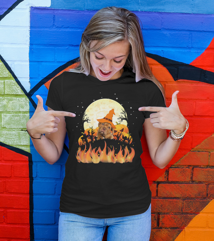 Dogue De Bordeaux Dog Lovers Halloween Full Moon Witch Hat Pumpkin Fire Scene T-Shirt