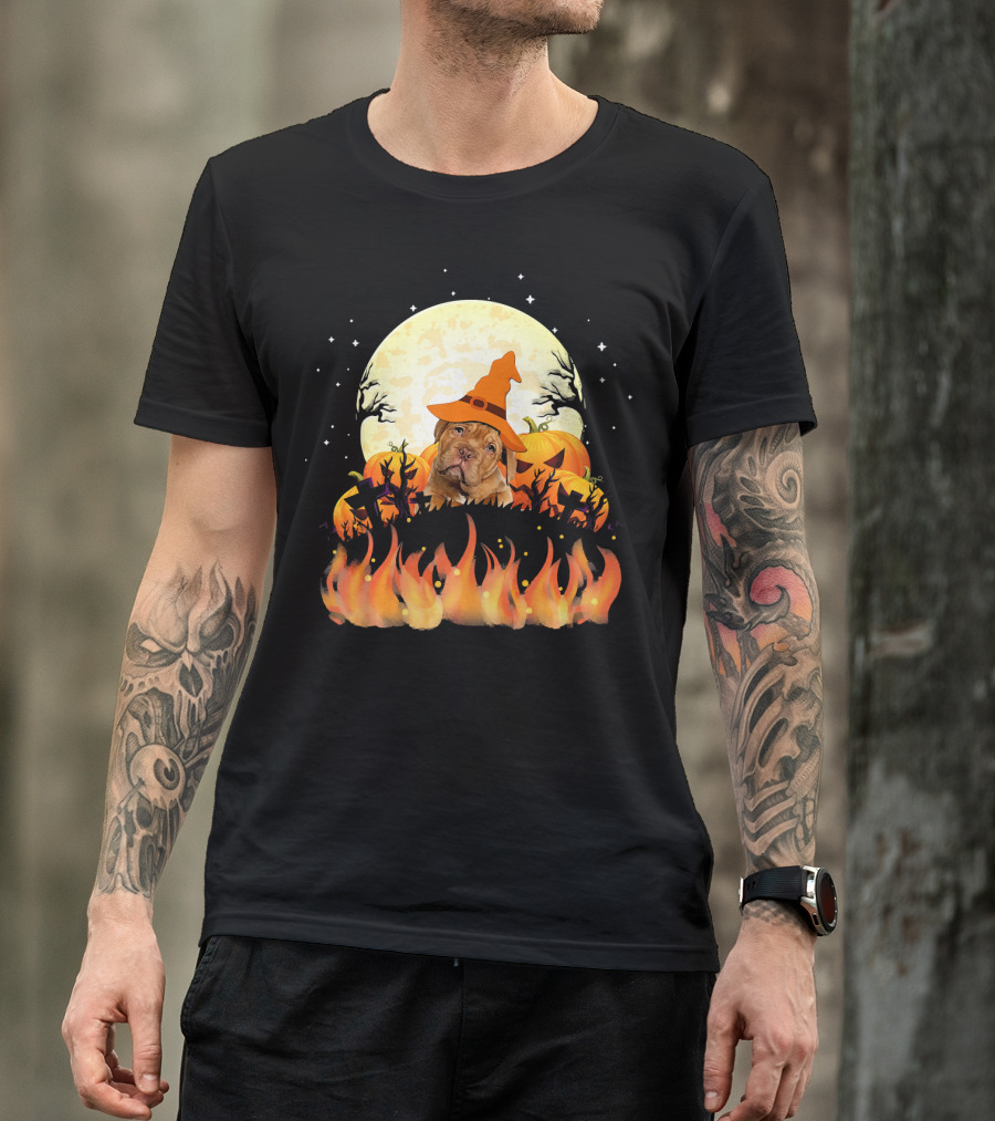 Dogue De Bordeaux Dog Lovers Halloween Full Moon Witch Hat Pumpkin Fire Scene T-Shirt