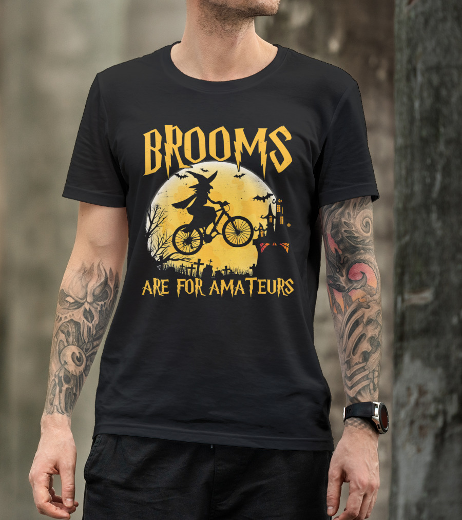Brooms Are For Amateurs Witch Flying Bike Silhouette Halloween Moon Graveyard T-Shirt