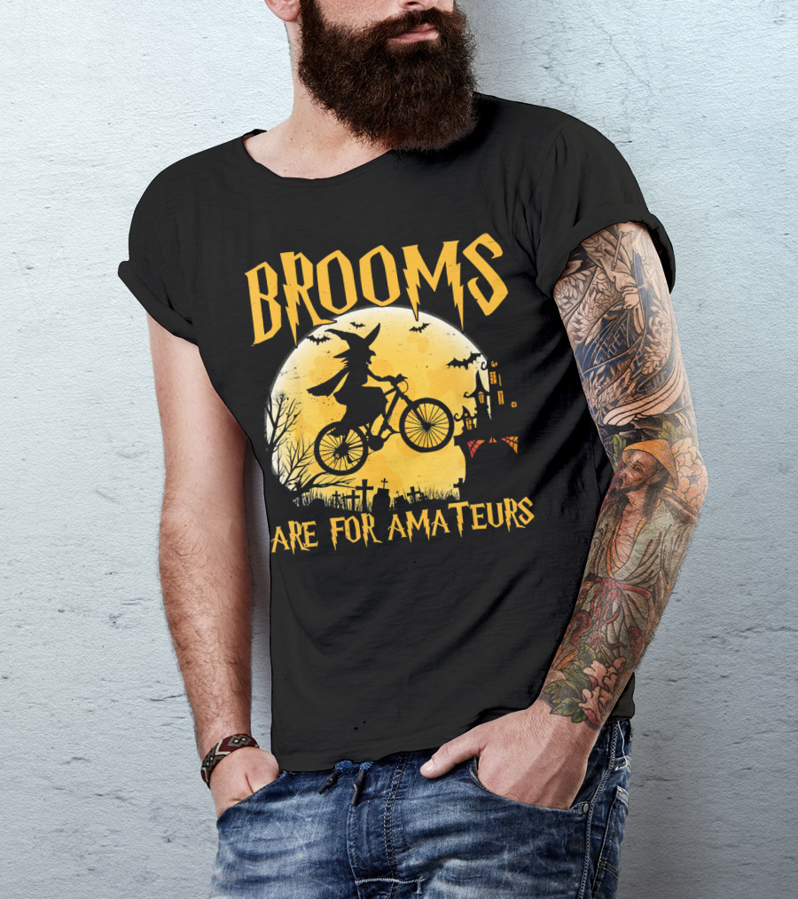 Brooms Are For Amateurs Witch Flying Bike Silhouette Halloween Moon Graveyard T-Shirt