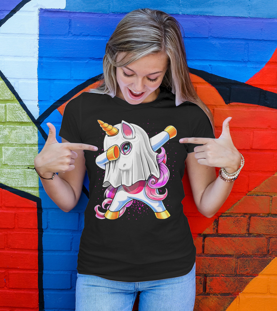 Dabbing Unicorn In Halloween Ghost Costume T-Shirt