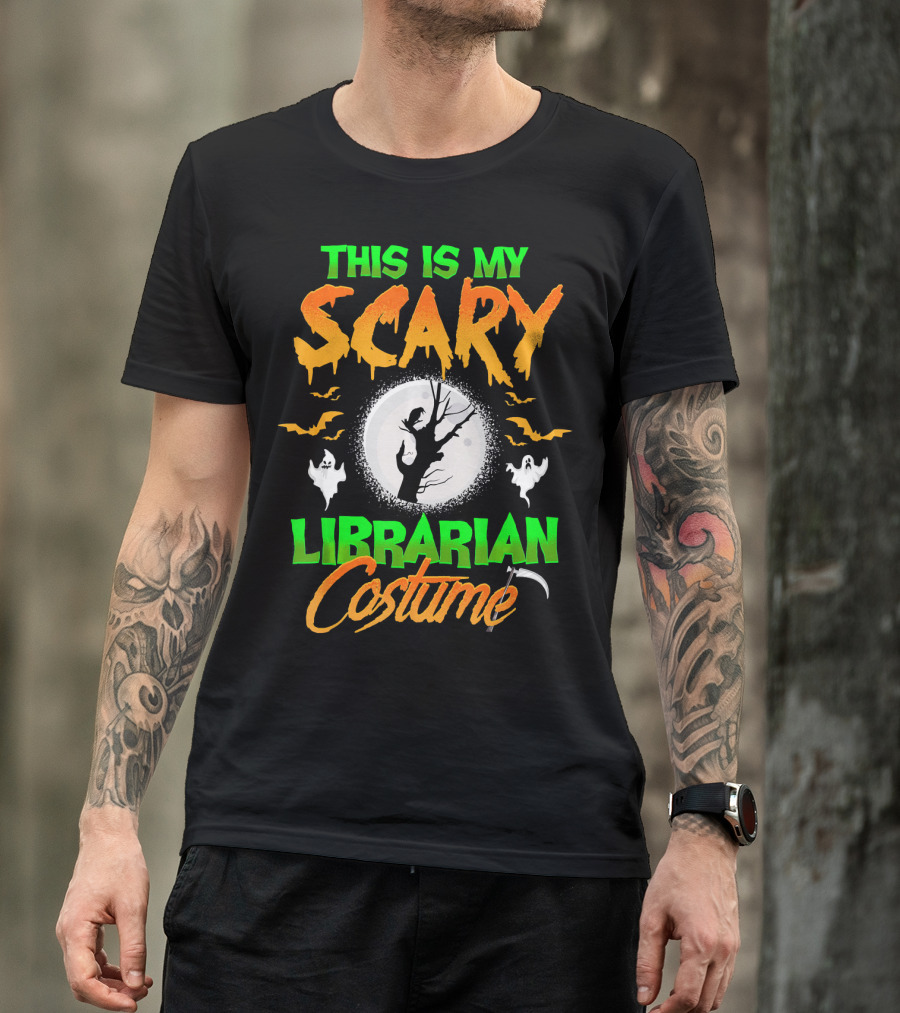 This Is My Scary Librarian Costume Ghosts Bats Moon Grim Reaper Scythe T-Shirt