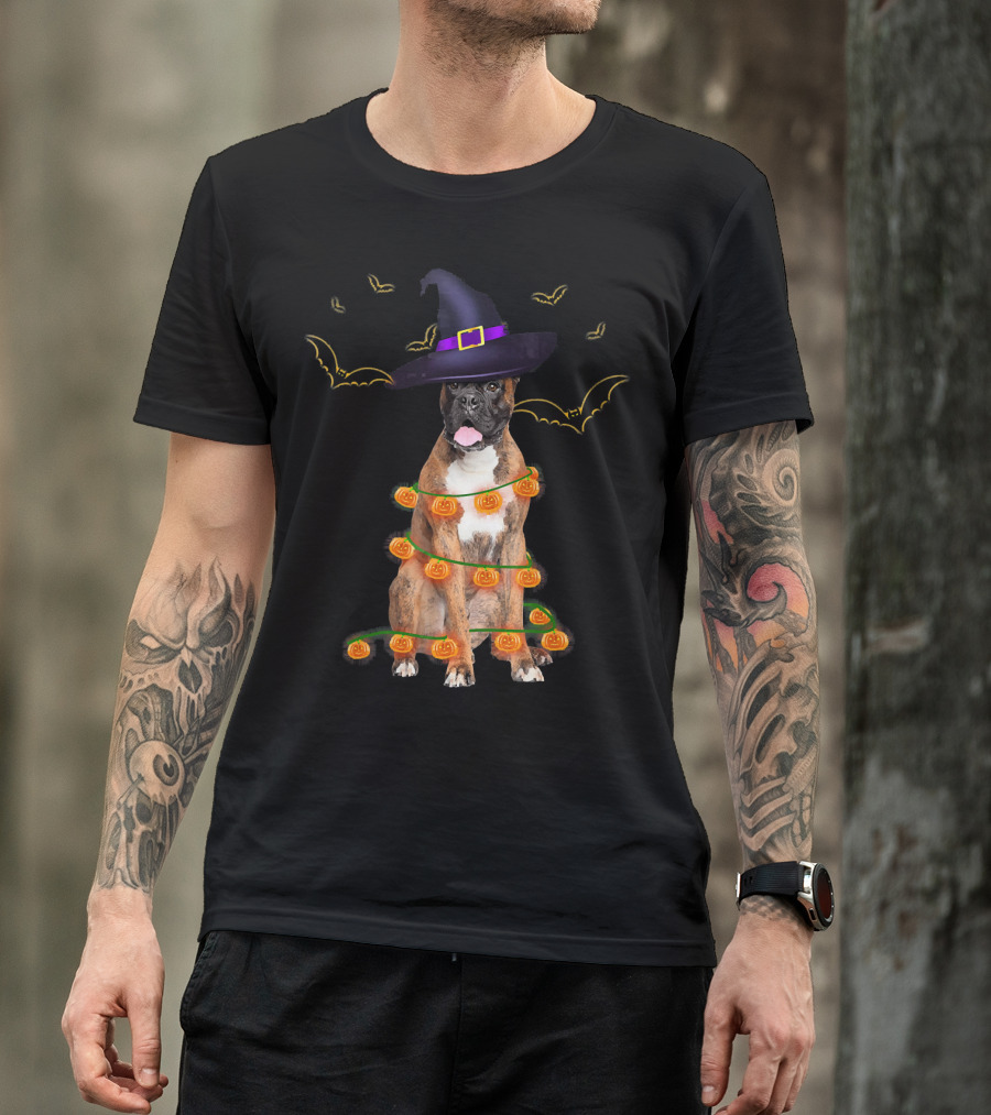 Halloween Boxer Dog Pumpkin Lights Witch Hat Fun T-Shirt