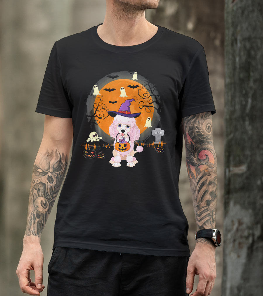 Poodle Dog Witch Halloween Pumpkin Ghosts Bats Graveyard Scene T-Shirt