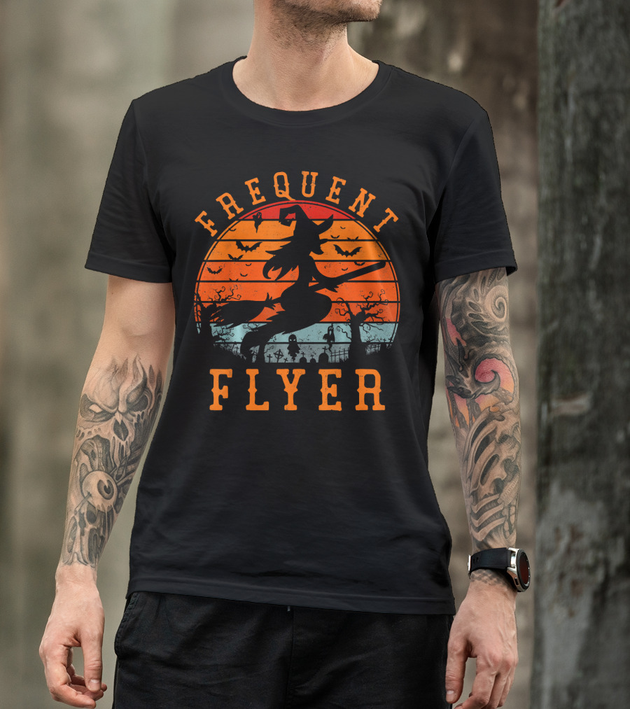 Frequent Flyer Witch Silhouette Halloween Bats And Graveyard Scene T-Shirt