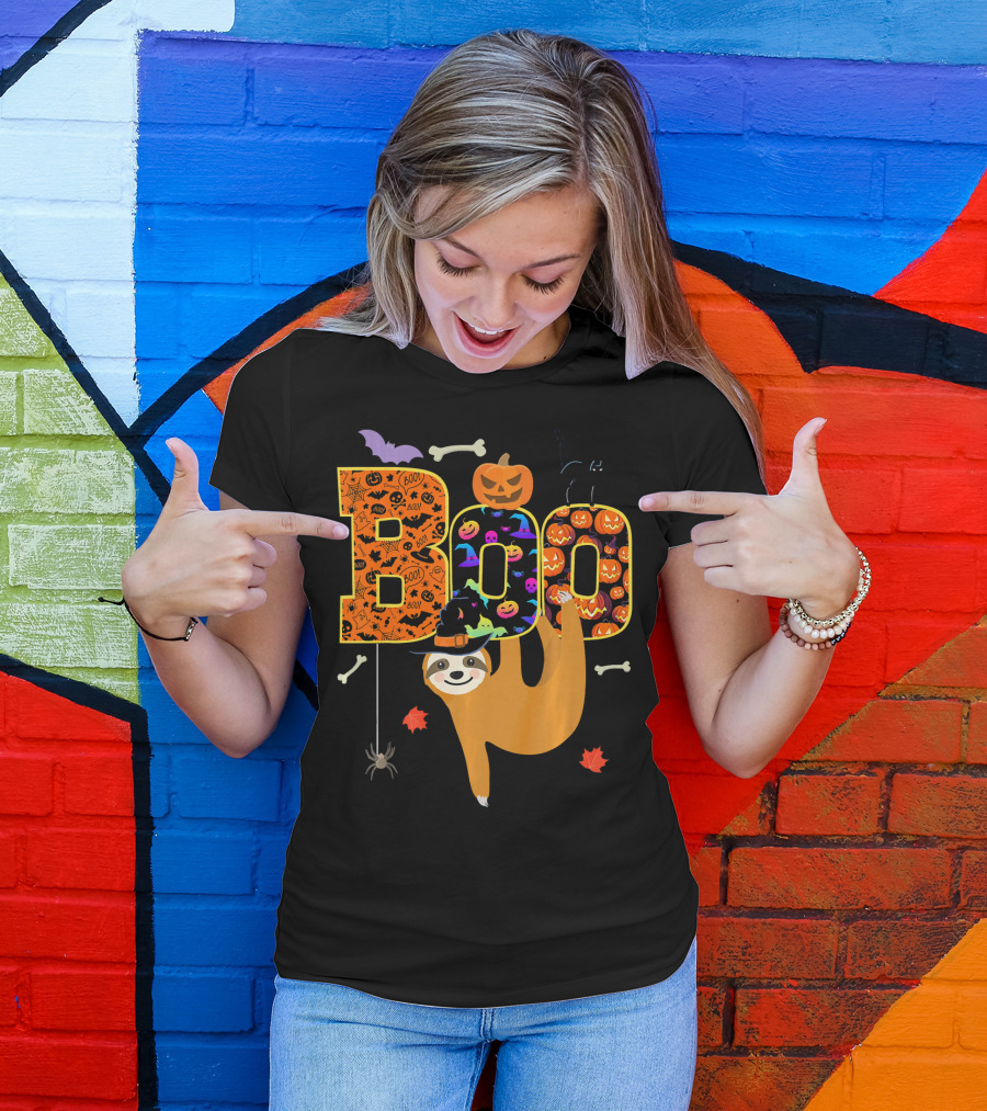 Boo Halloween Sloth With Witch Hat Pumpkins And Spider T-Shirt