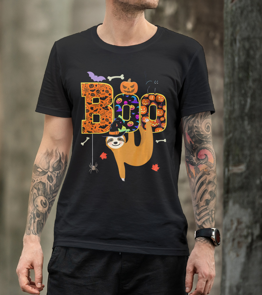 Boo Halloween Sloth With Witch Hat Pumpkins And Spider T-Shirt