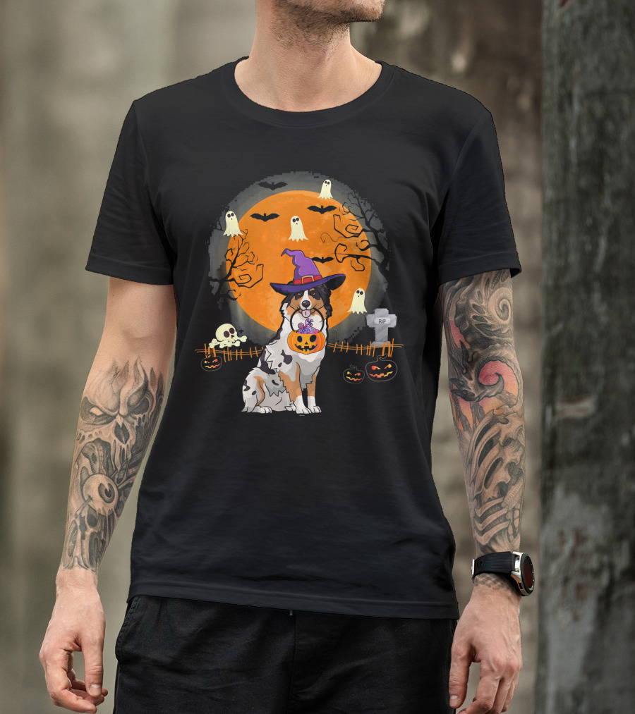 Australian Shepherd Dog Halloween Witch Pumpkin And Ghosts T-Shirt