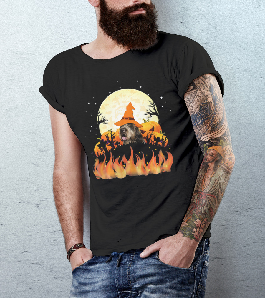 Wirehaired Pointing Griffon Dog Lovers Halloween Witch Hat Pumpkin Fire Moon T-Shirt