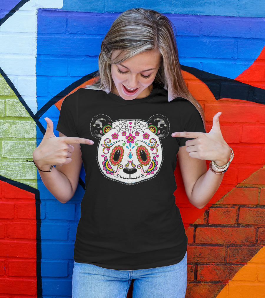 Sugar Skull Panda Day Of The Dead Colorful Floral Skulls T-Shirt