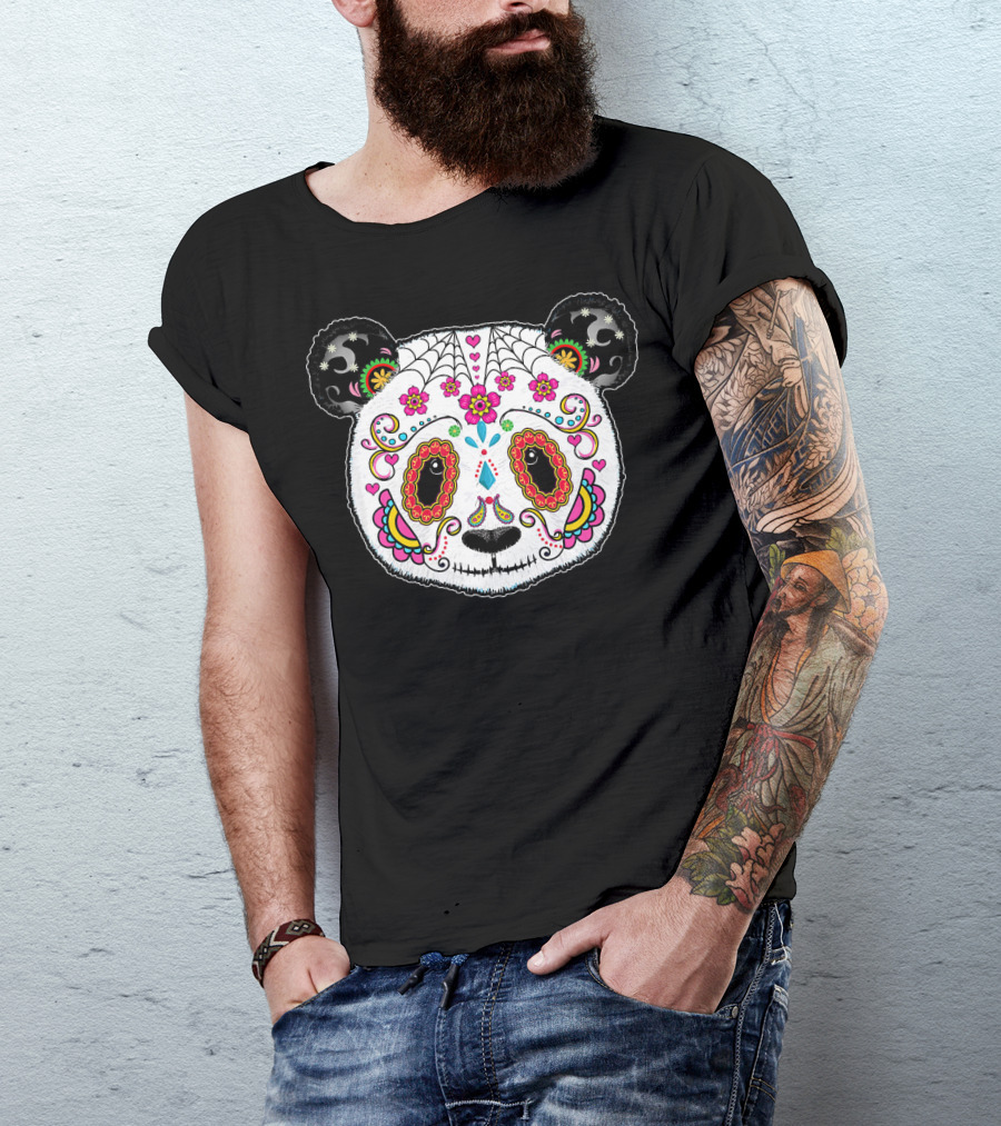 Sugar Skull Panda Day Of The Dead Colorful Floral Skulls T-Shirt