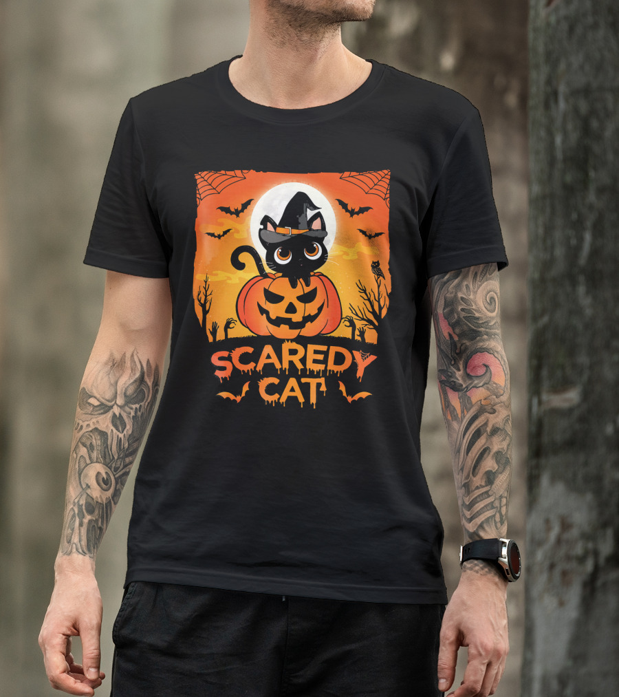 Scaredy Cat Halloween Kitten On Pumpkin With Witch Hat And Bats T-Shirt