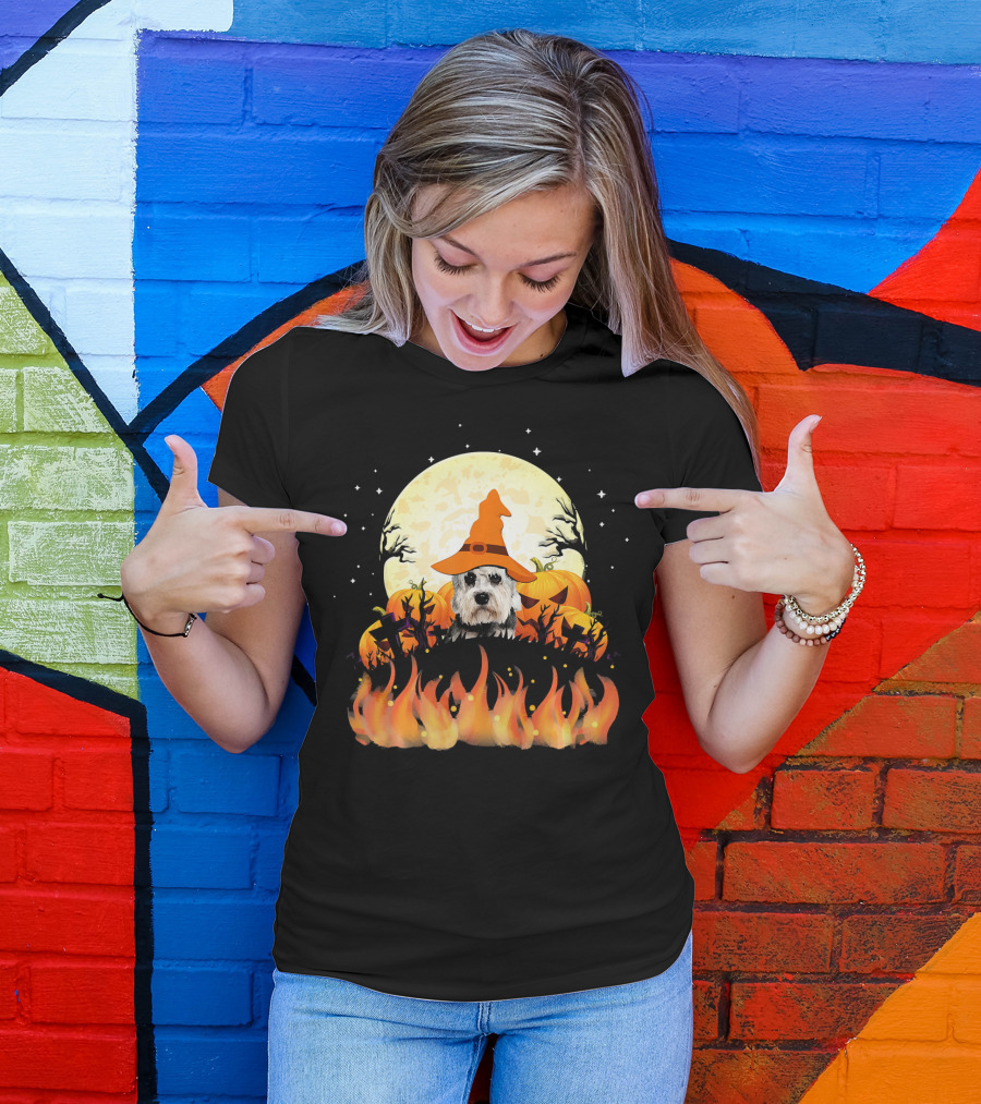 Halloween Dandie Dinmont Terrier Witch Dog Lovers Moon And Pumpkin Scene T-Shirt