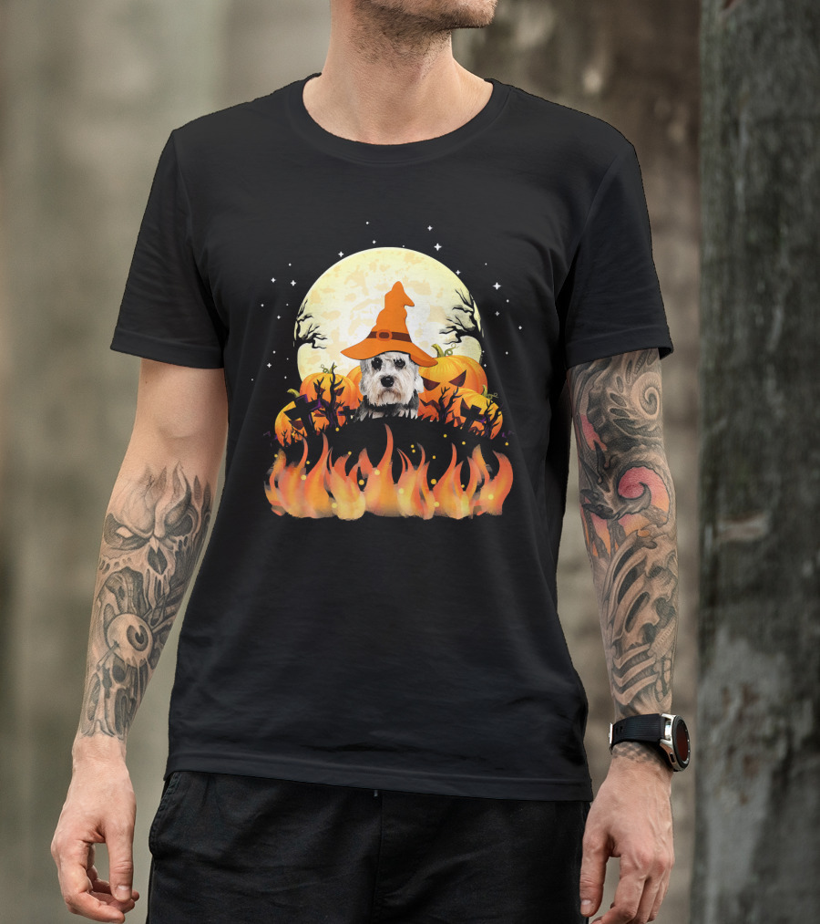 Halloween Dandie Dinmont Terrier Witch Dog Lovers Moon And Pumpkin Scene T-Shirt