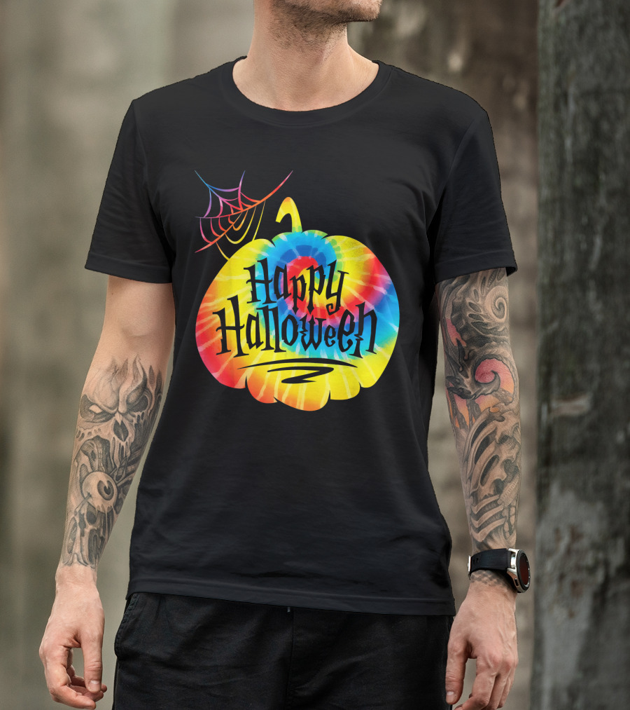 Tie Dye Pumpkin Happy Halloween Spiderweb T-Shirt