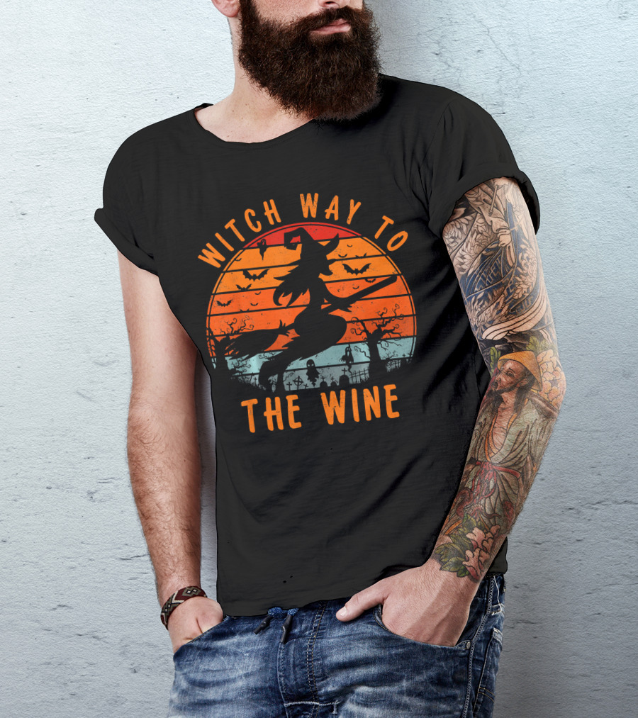 Witch Way To The Wine Halloween Spooky Bats Sunset T-Shirt