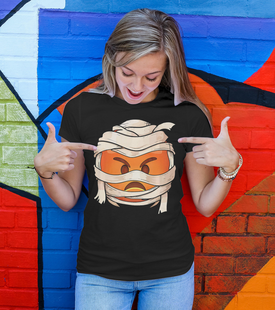 Pouting Face Mummy Emoji Halloween Wrapped In Bandages T-Shirt