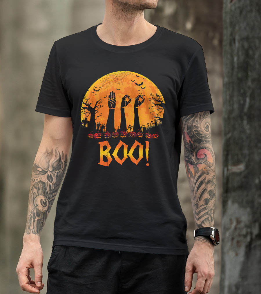 BOO ASL Sign Language With Zombie Hands And Spooky Halloween Moon T-Shirt