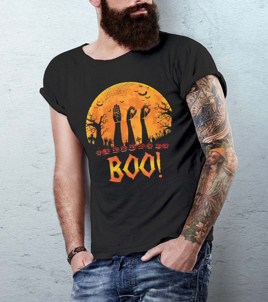 BOO ASL Sign Language With Zombie Hands And Spooky Halloween Moon T-Shirt