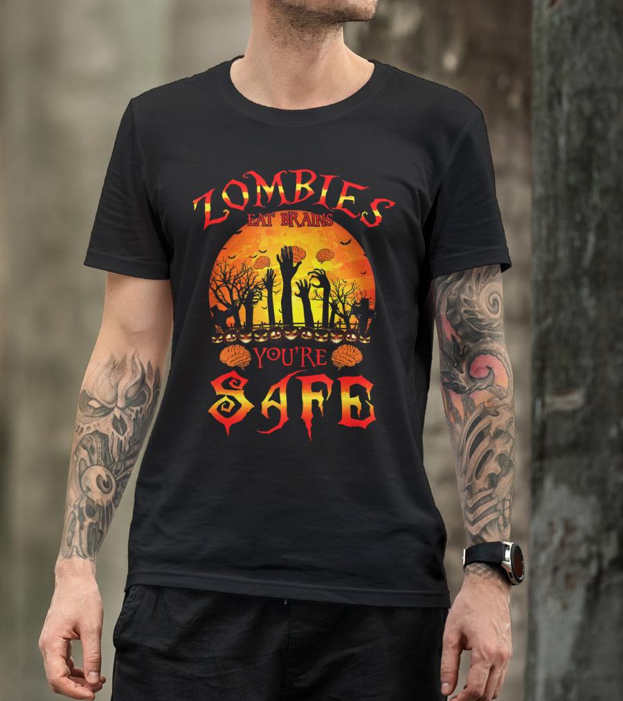 Zombies Eat Brains You're Safe Halloween Rising Hands And Brains Silhouette Sunset T-Shirt