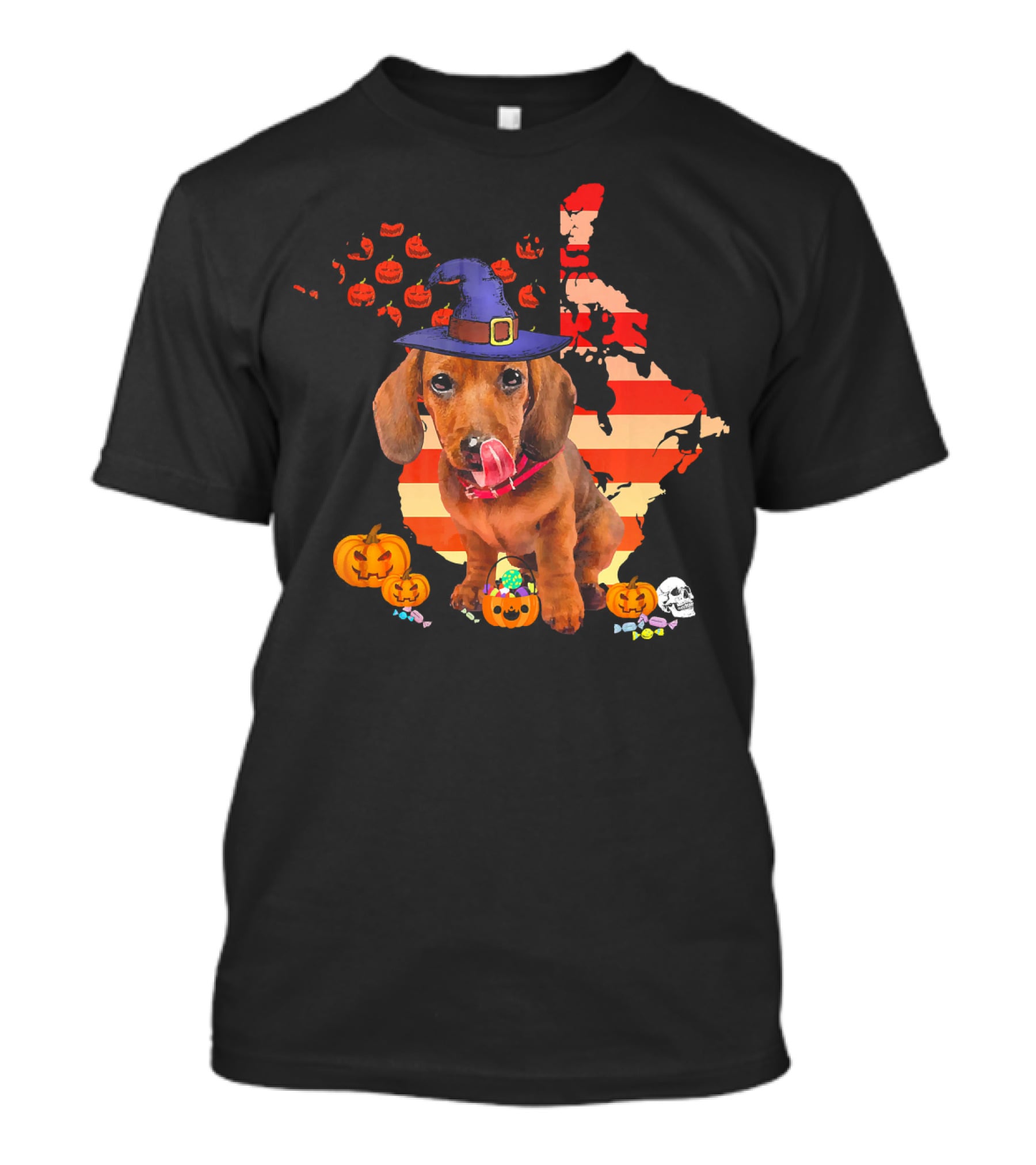 Halloween Witch Hat Daschund Dog With Pumpkin And Candy Canada Map T-Shirt