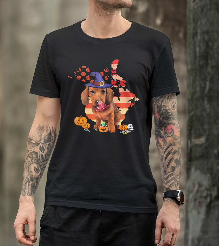 Halloween Witch Hat Daschund Dog With Pumpkin And Candy Canada Map T-Shirt