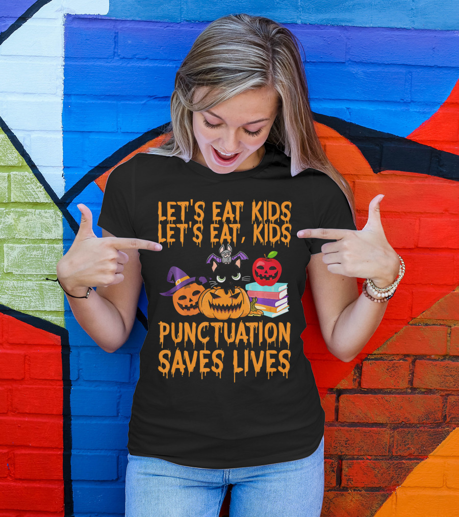 Let's Eat Kids Let's Eat Kids Punctuation Saves Lives Halloween Cats Pumpkins Books T-Shirt