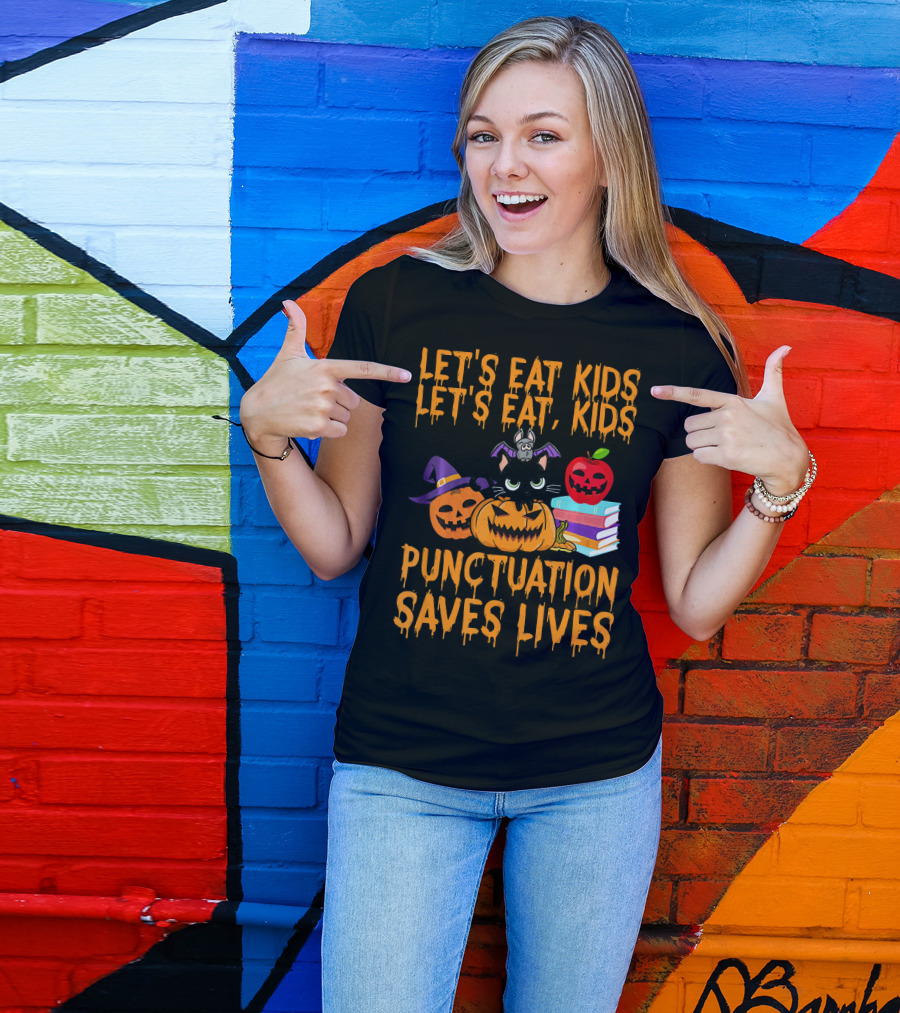 Let's Eat Kids Let's Eat Kids Punctuation Saves Lives Halloween Cats Pumpkins Books T-Shirt