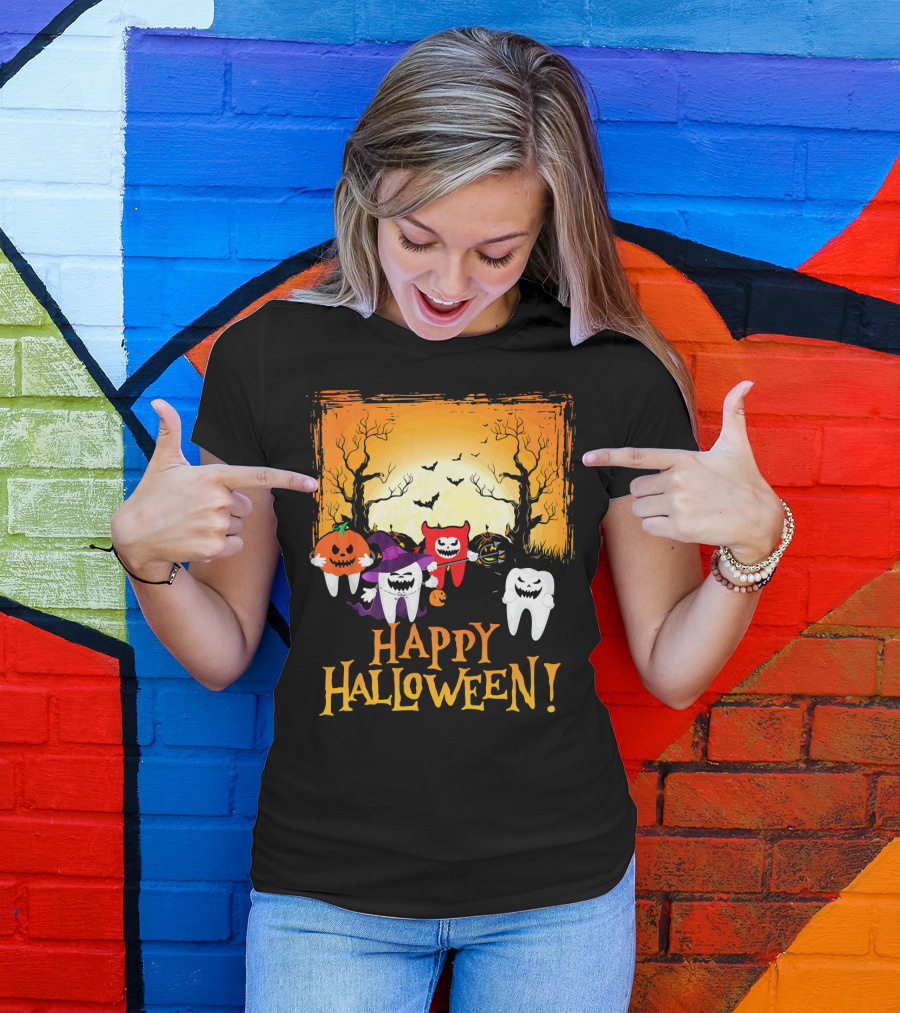 Happy Halloween Funny Teeth And Pumpkins T-Shirt