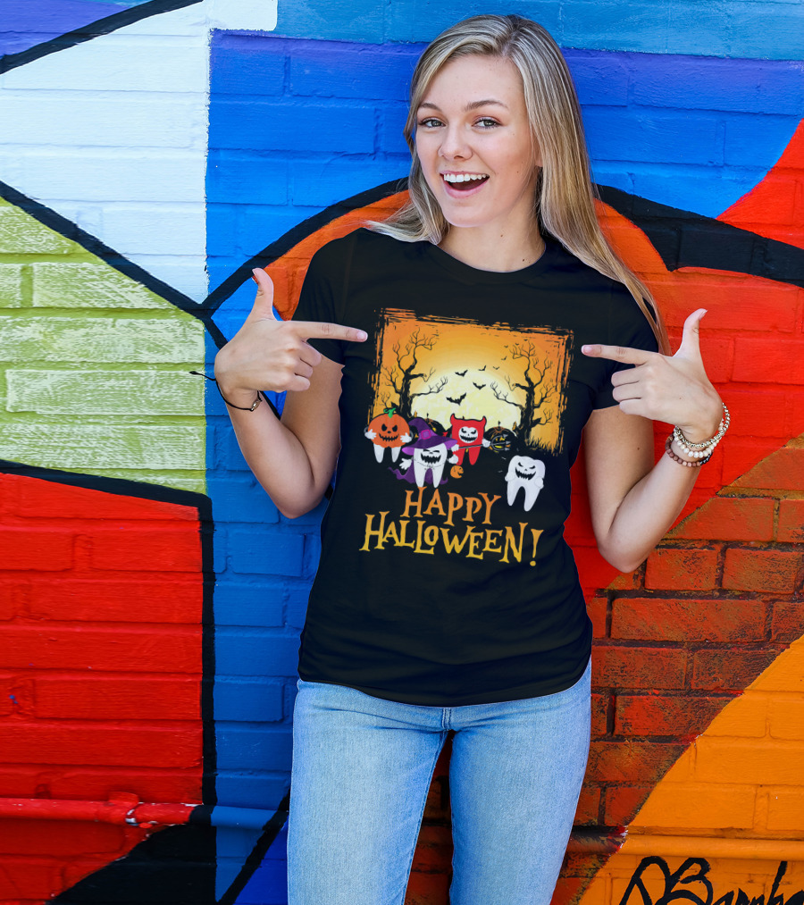 Happy Halloween Funny Teeth And Pumpkins T-Shirt