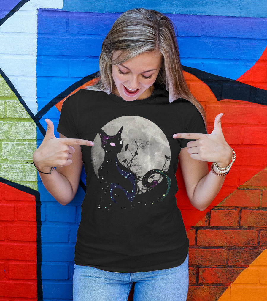 Halloween Cat Scary Black Cat Gothic Full Moon Night Sky T-Shirt