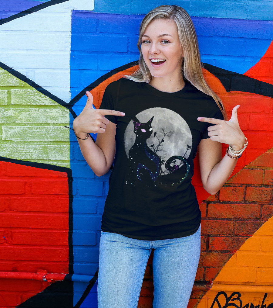 Halloween Cat Scary Black Cat Gothic Full Moon Night Sky T-Shirt