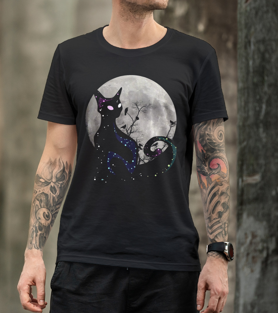 Halloween Cat Scary Black Cat Gothic Full Moon Night Sky T-Shirt
