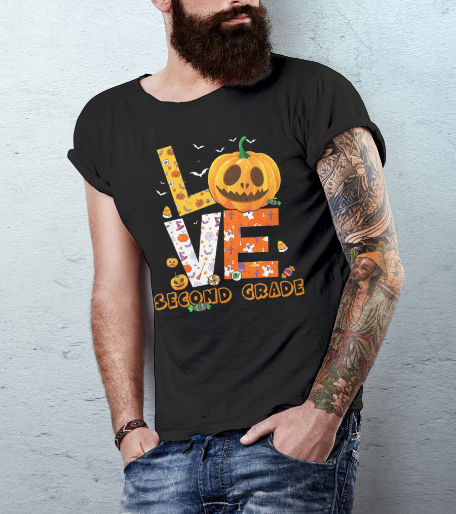 Love Second Grade Funny Halloween Pumpkin Kids T-Shirt